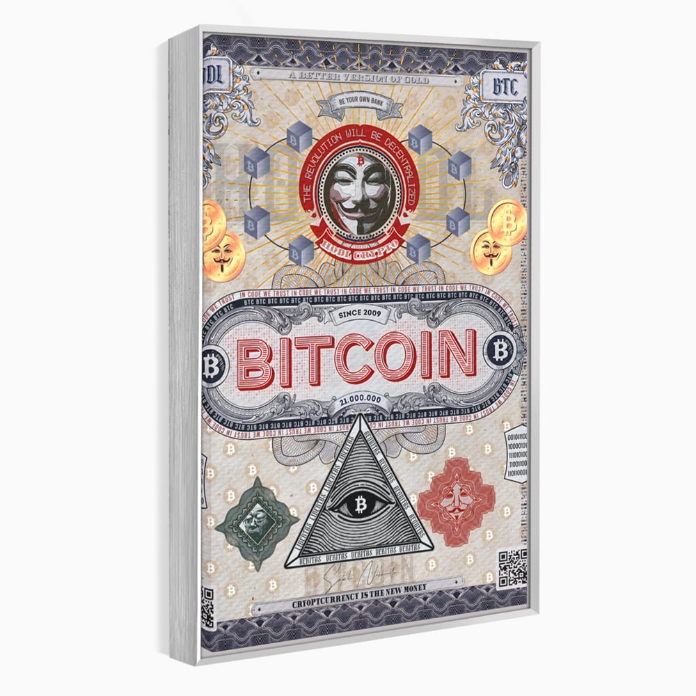 Tablou canvas cu ilustratie digitala cu tema bitcoin si criptomonede, in rama de aluminiu argintiu